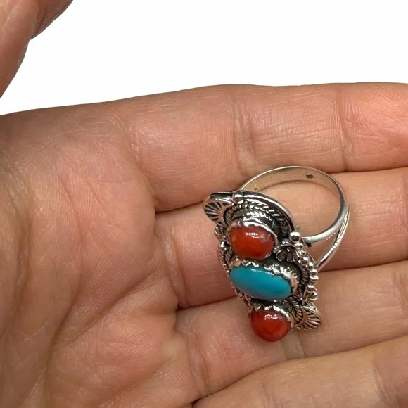 Kingman Turquoise Italian Red Coral Ring Size 7 Solid 925 Sterling Silver - Picture 7 of 7